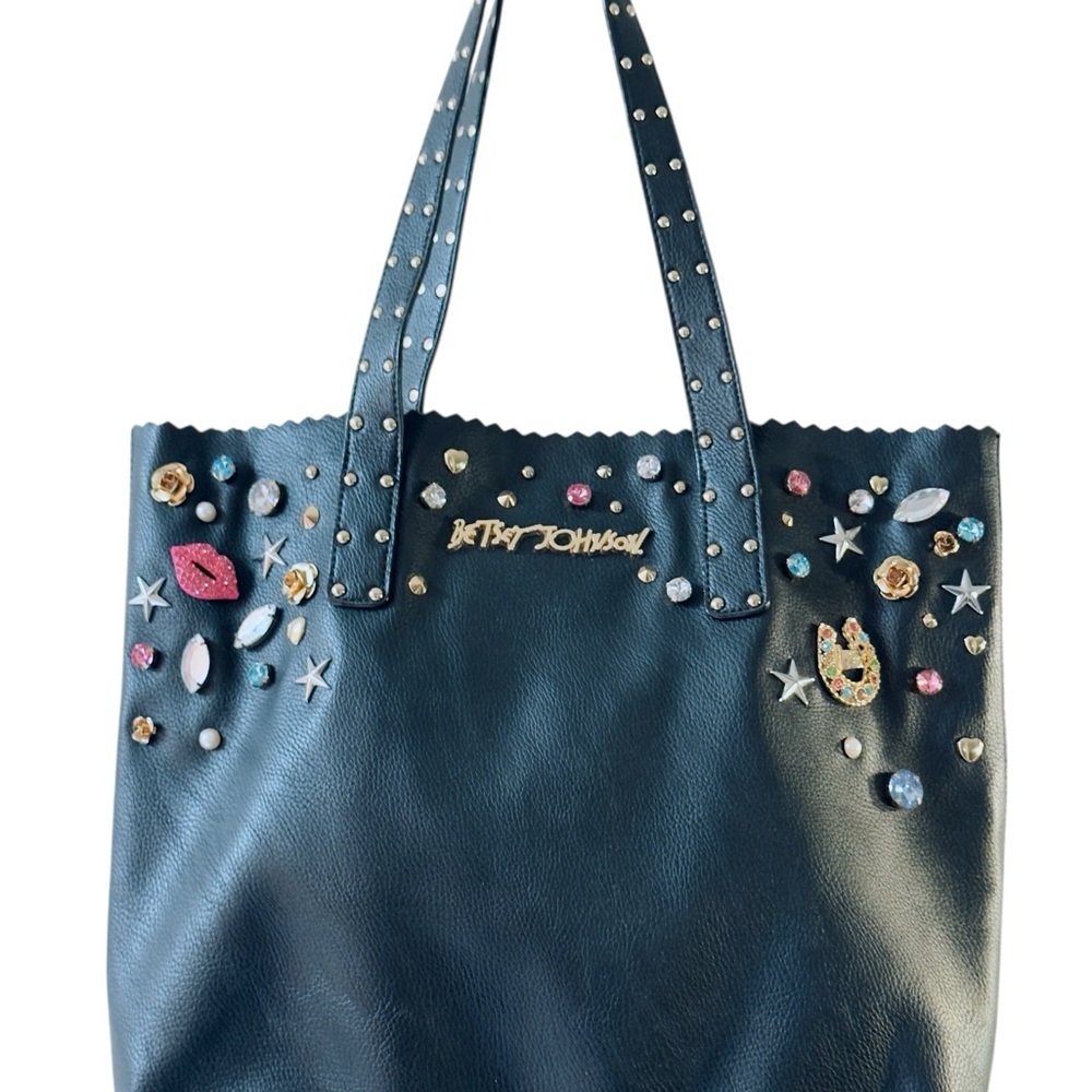Betsey Johnson Black Tote in good used condition with Colorful Embellishments.